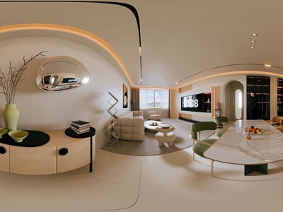 现代奶油风全景客厅餐厅