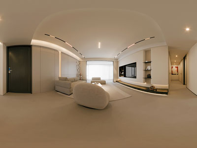 现代奶油风全景客厅餐厅