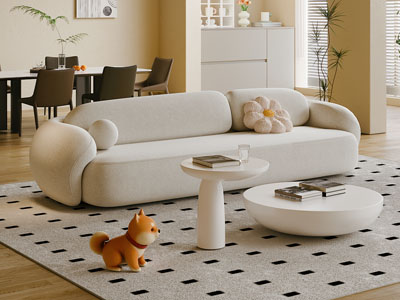 现代奶油风客厅多人沙发 茶几组合