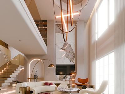 现代奶油风挑高客厅