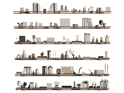 现代墙面隔板书本 陶艺器皿摆件组合