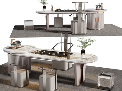 新中式椭圆形大理石茶桌椅组合3d模型 新中式椭圆形大理石茶桌椅组合