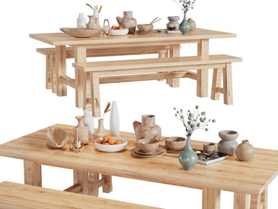 侘寂风实木长方形餐桌椅组合3d模型 侘寂风实木长方形餐桌椅组合