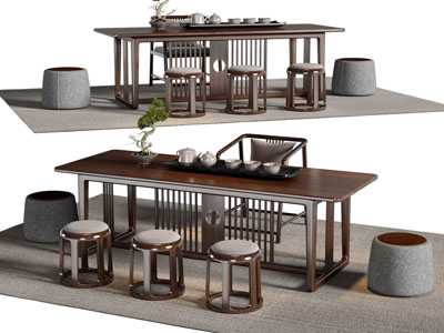 新中式长方形茶桌椅组合3d模型 新中式长方形茶桌椅组合