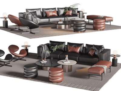 现代皮质多人沙发 沙发凳和茶几组合
