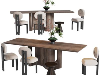 新中式实木长方形餐桌椅组合3d模型 新中式实木长方形餐桌椅组合