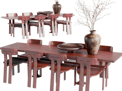 新中式实木长方形餐桌椅组合3d模型 新中式实木长方形餐桌椅组合