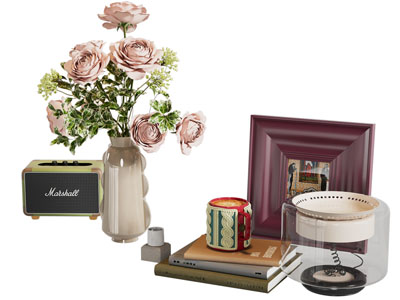 现代花瓶花卉 台灯 书本摆件组合