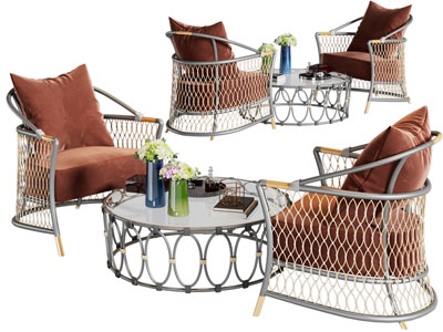 现代轻奢金属镂空休闲椅子 茶几组合