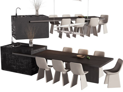 现代带水吧台的餐桌椅组合3d模型 现代带水吧台的餐桌椅组合