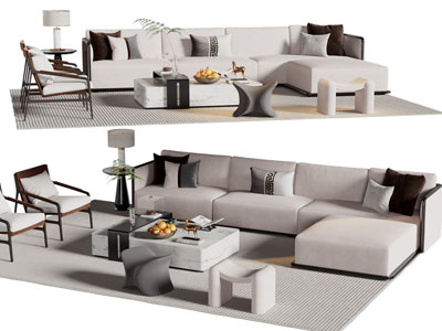 新中式转角多人沙发 休闲椅 茶几组合