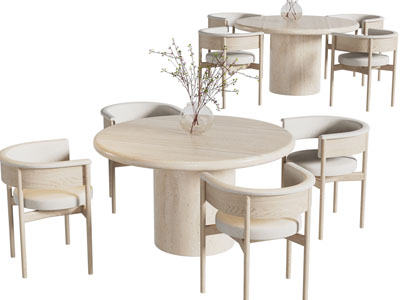 侘寂风圆形实木餐桌椅组合3d模型 侘寂风圆形实木餐桌椅组合