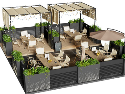 现代露天营地主题餐厅 餐桌椅组合3d模型 现代露天营地主题餐厅 餐桌椅组合