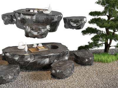 新中式户外石头茶桌凳组合3d模型 新中式户外石头茶桌凳组合