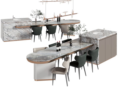 现代大理石带水吧台的餐桌椅组合3d模型 现代大理石带水吧台的餐桌椅组合