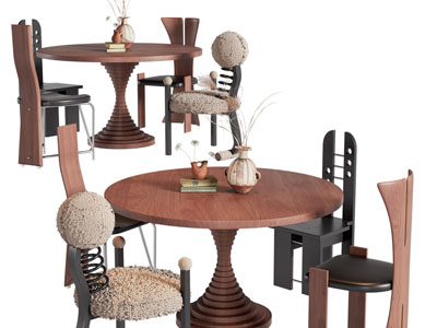 中古风实木圆形餐桌椅组合3d模型 中古风实木圆形餐桌椅组合