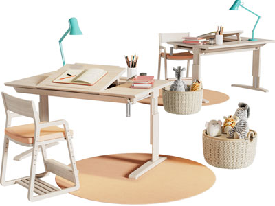 现代可升降学生书桌椅组合3d模型 现代可升降学生书桌椅组合