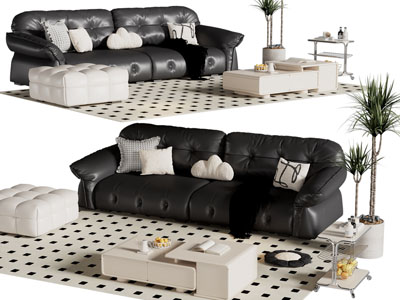 法式皮质多人沙发 茶几组合