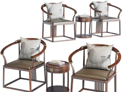 新中式扶手椅子 圈椅 边几