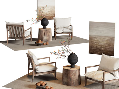 侘寂风休闲椅子 茶几组合 装饰挂画