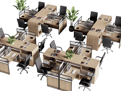 现代多人位办公桌椅组合3d模型 现代多人位办公桌椅组合