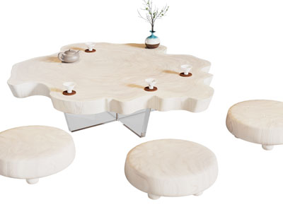 侘寂风异形茶桌 凳子组合3d模型 侘寂风异形茶桌 凳子组合