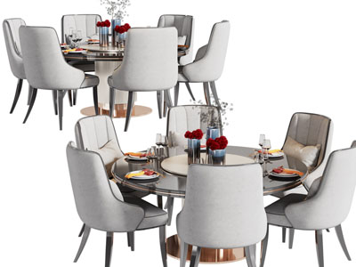 新中式圆形餐桌椅组合3d模型 新中式圆形餐桌椅组合