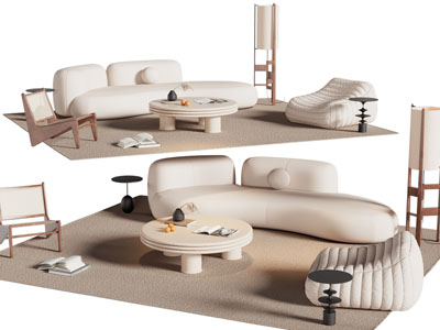 侘寂风弧形多人沙发 休闲椅子和茶几组合