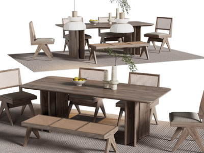 侘寂风实木长方形餐桌椅组合3d模型 侘寂风实木长方形餐桌椅组合