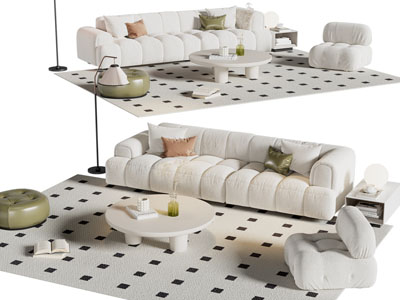 现代奶油风多人 单人沙发和茶几组合