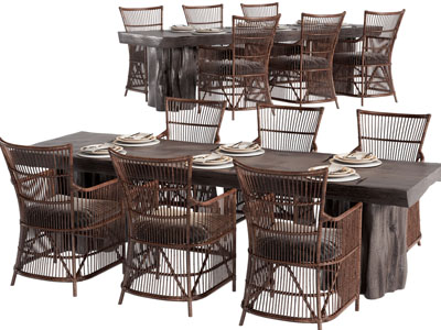 新中式原木长方形餐桌椅组合3d模型 新中式原木长方形餐桌椅组合