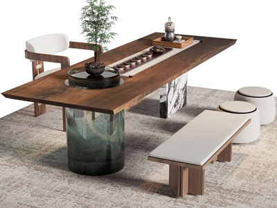 新中式实木长方形茶桌椅组合3d模型 新中式实木长方形茶桌椅组合