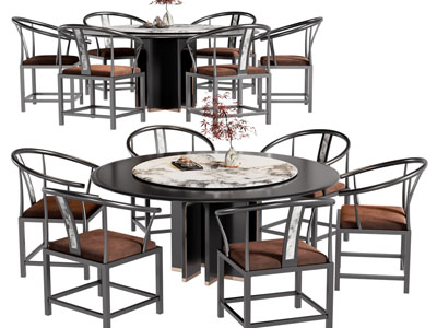 新中式圆形餐桌椅组合3d模型 新中式圆形餐桌椅组合