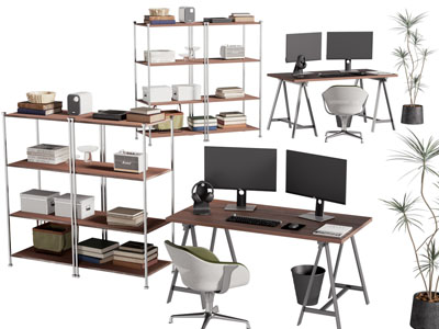 现代书桌椅组合 书架3d模型 现代书桌椅组合 书架