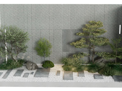 现代庭院树木 花草 铺石路景观园艺小品