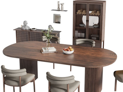 新中式实木椭圆形餐桌椅组合 装饰柜3d模型 新中式实木椭圆形餐桌椅组合 装饰柜