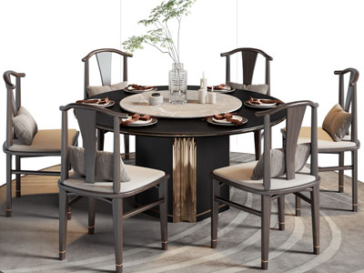 新中式圆形餐桌椅组合3d模型 新中式圆形餐桌椅组合