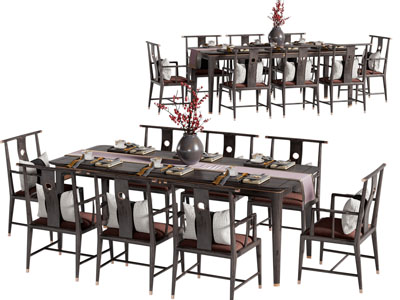 新中式实木长方形餐桌椅组合3d模型 新中式实木长方形餐桌椅组合