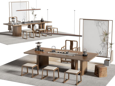 新中式实木茶桌椅组合3d模型 新中式实木茶桌椅组合