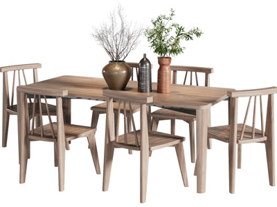 北欧实木长方形餐桌椅组合3d模型 北欧实木长方形餐桌椅组合