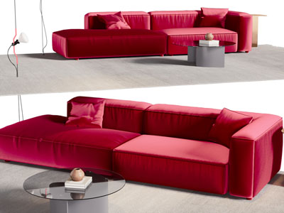 现代金丝绒红色双人沙发 茶几组合