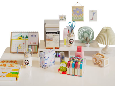 现代书桌日历 书本 彩笔 文具摆件组合3d模型 现代书桌日历 书本 彩笔 文具摆件组合