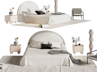 侘寂风奶油风双人床 床头柜