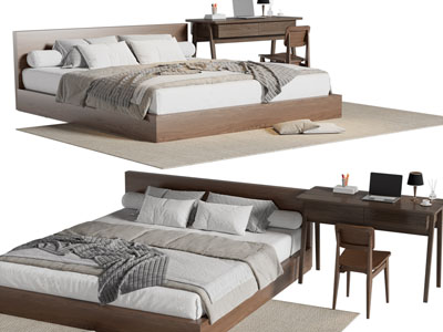 现代实木双人床 书桌椅组合