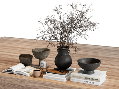 现代书本 花瓶花卉 陶艺器皿摆件组合