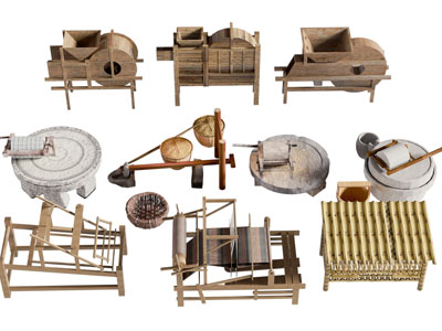新中式农具 织布机 辘轳 石磨摆件组合