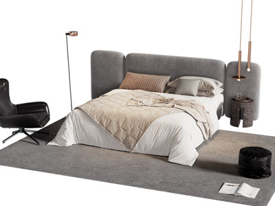 现代双人床 休闲椅子