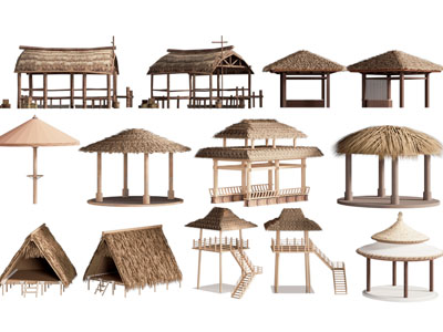 现代茅草棚子 亭子 瞭望棚