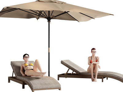 现代遮阳伞 躺椅 晒太阳的女人