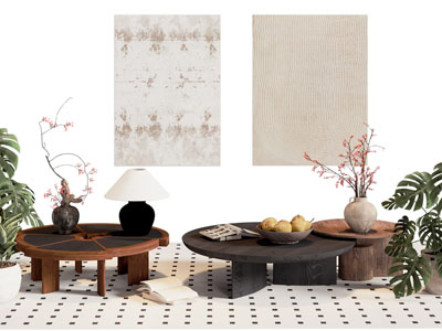 侘寂风圆形实木茶几 装饰挂画3d模型 侘寂风圆形实木茶几 装饰挂画